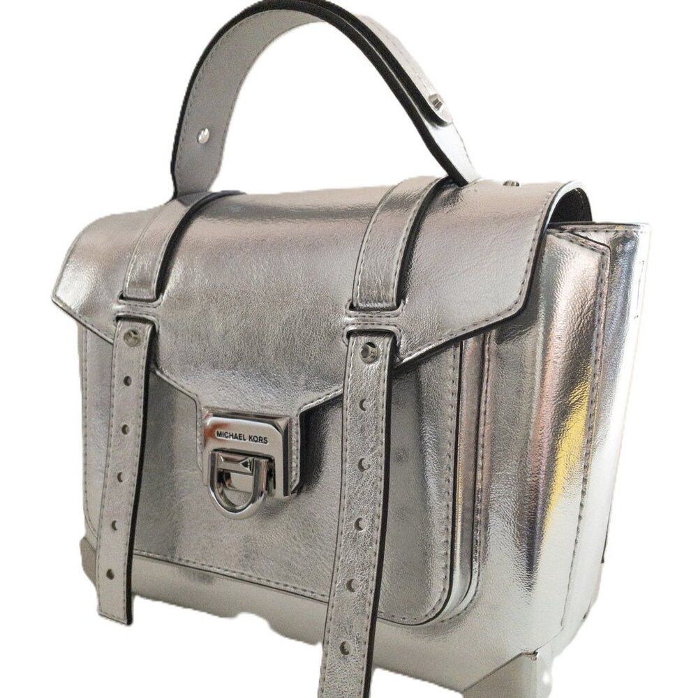 Michael Kors Manhattan Medium Metallic Satchel - Silver Adjustable Strap Logo - Picture 2 of 14